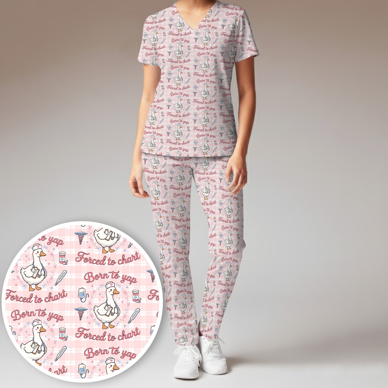 Funny Nurse Goose, Born To Yap Forced To Chart Pattern Scrub Set, Scrub Pants and V Neck Top