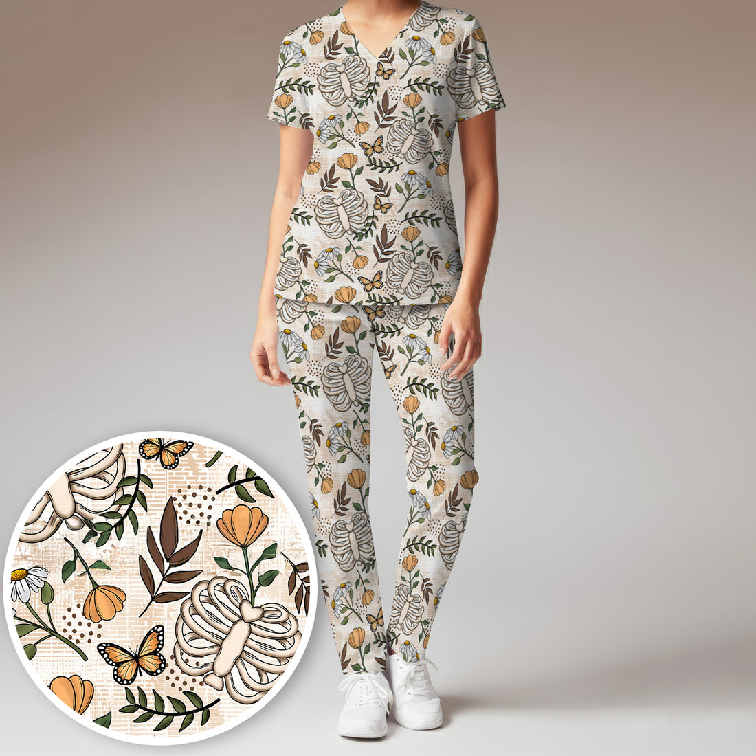 Skeleton Ribcage With Daisy And Butterfly Floral Scrub Set, Scrub Pants and V Neck Top