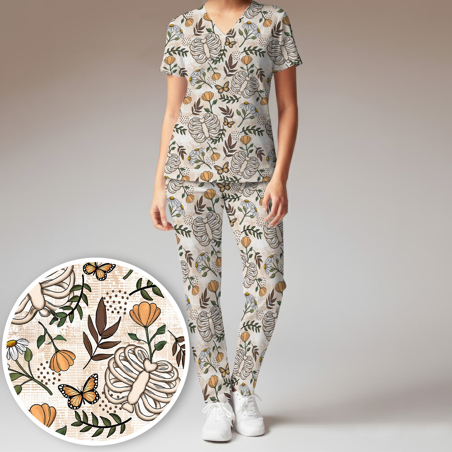 Skeleton Ribcage With Daisy And Butterfly Floral Scrub Set, Scrub Pants and V Neck Top