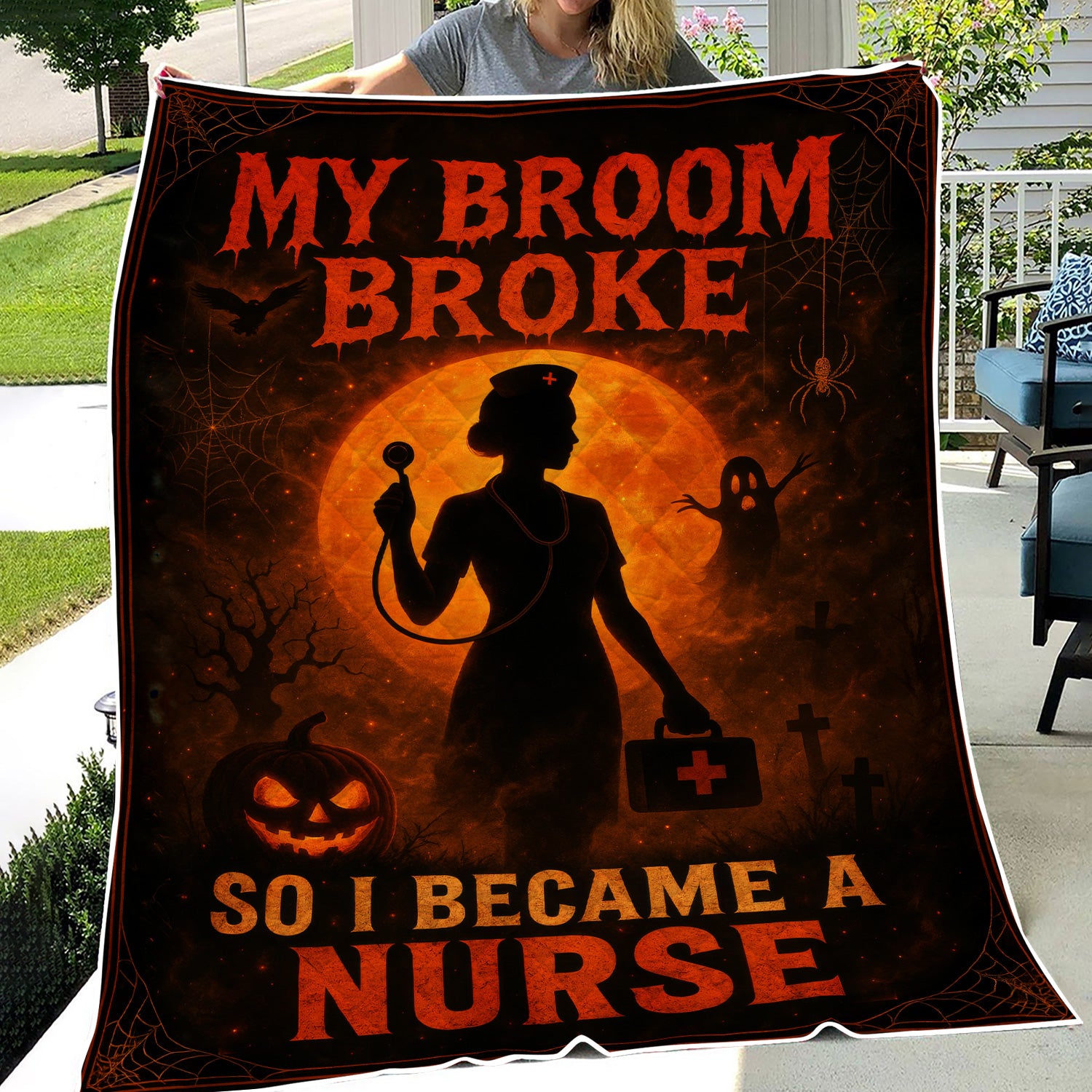 Funny Halloween Nurse Blanket - 'My Broom Broke So I Became A Nurse' Design - Spooky Nurse Gift for RN, CNA, LPN