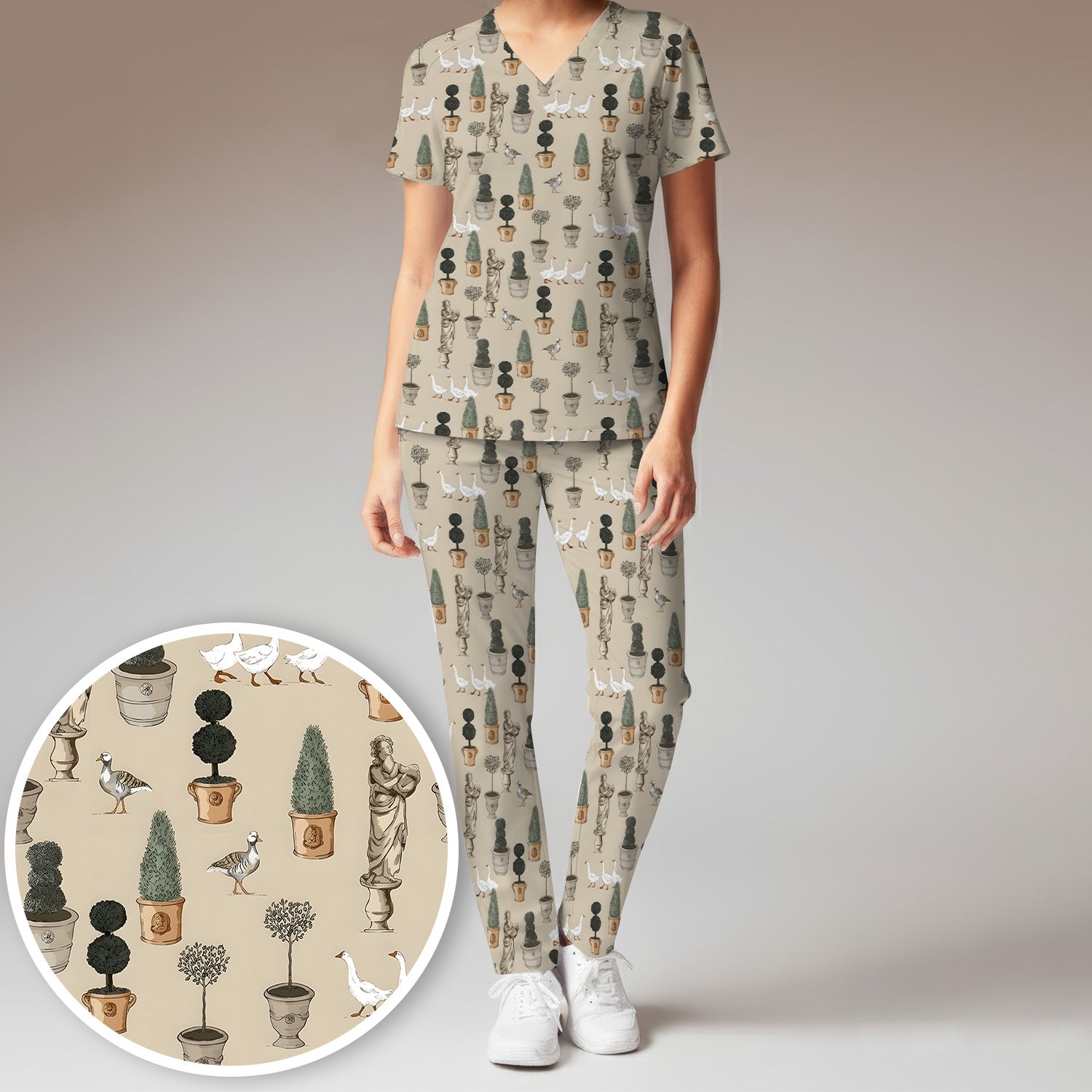 Vintage Garden Statue Topiary Goose Bird Pattern Scrub Set, Scrub Pants and V Neck Top