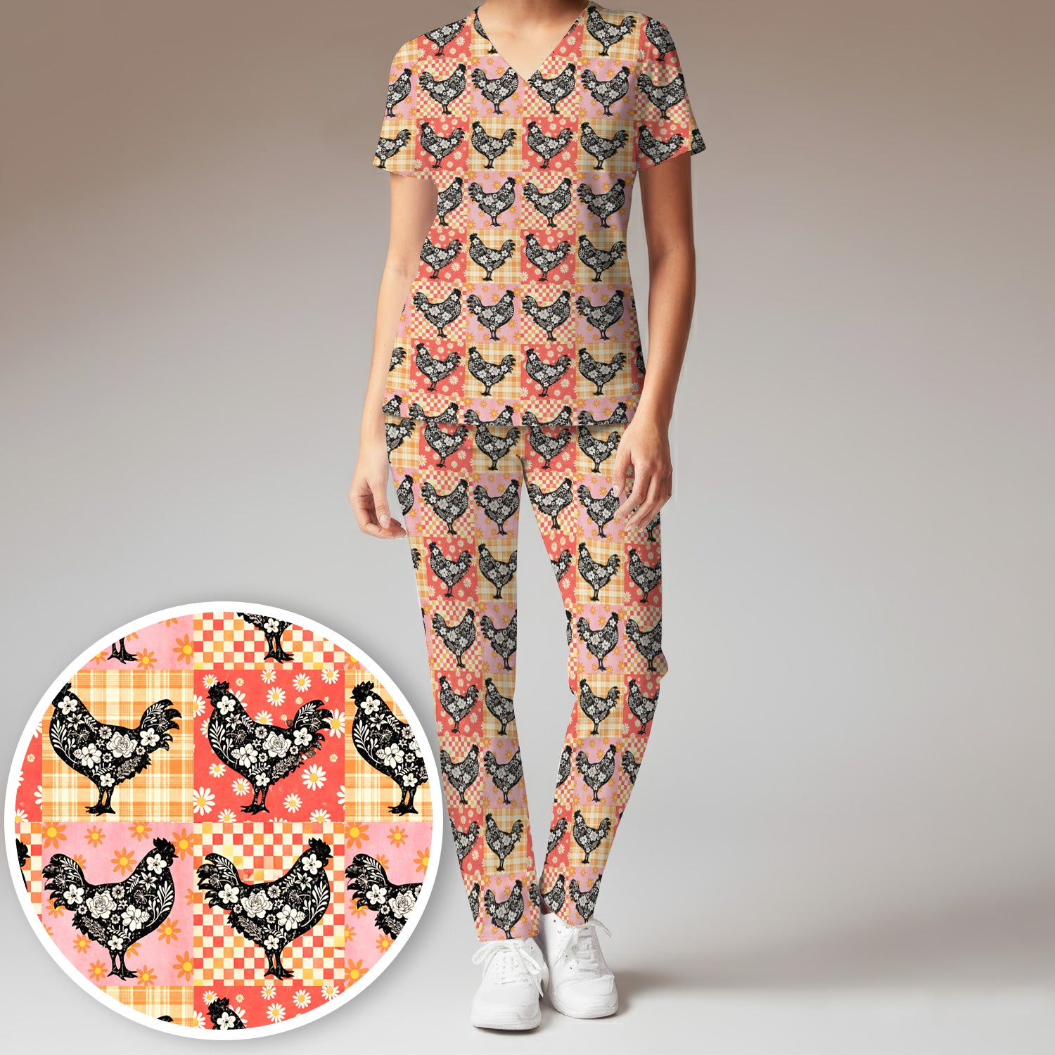 Cute Floral Chicken Patchwork Print Scrub Set, Scrub Pants and V Neck Top