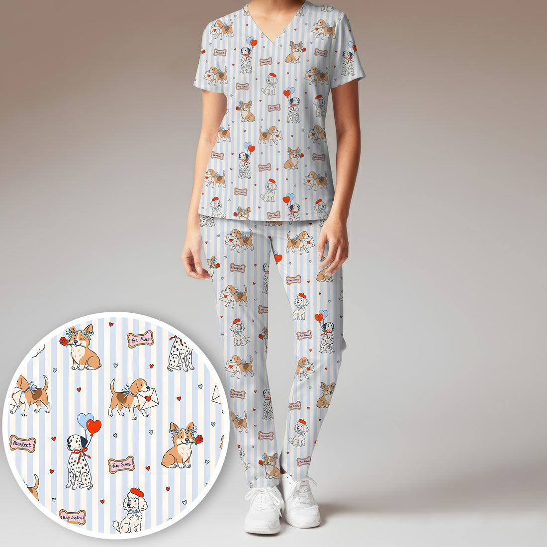 Valentine Puppy Heart Pattern Scrub Set, Scrub Pants and V Neck Top