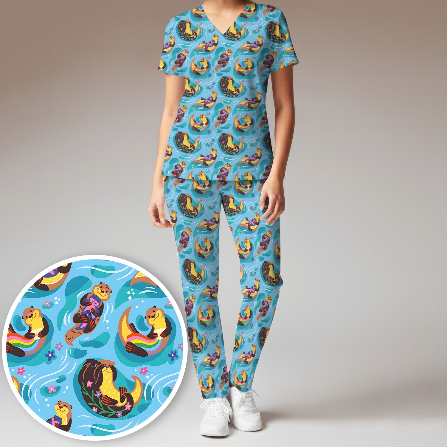 Otter Floating River Rainbow Pattern Scrub Set, Scrub Pants and V Neck Top