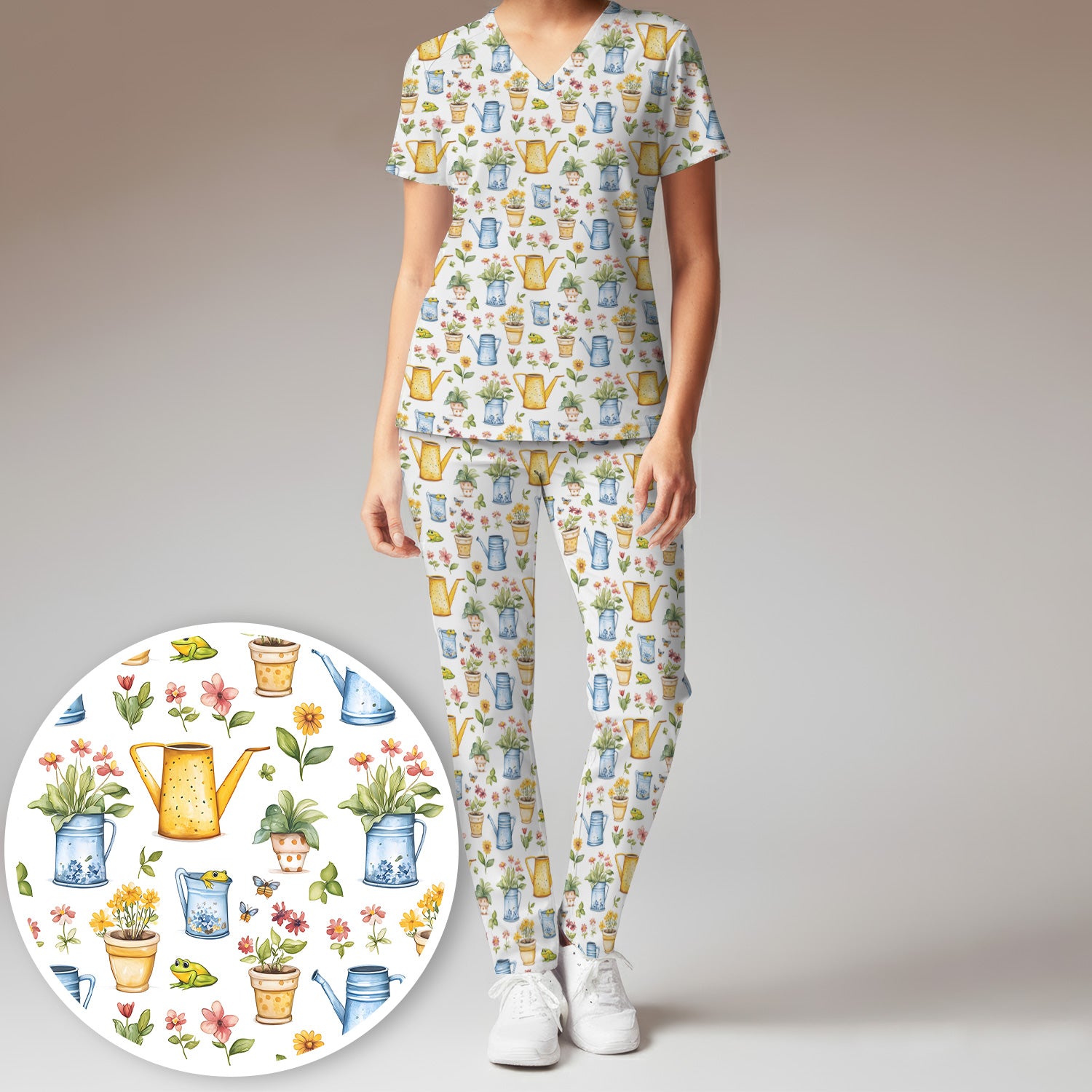 Watering Can and Flower Pot Garden Scrub Set, Scrub Pants and V Neck Top