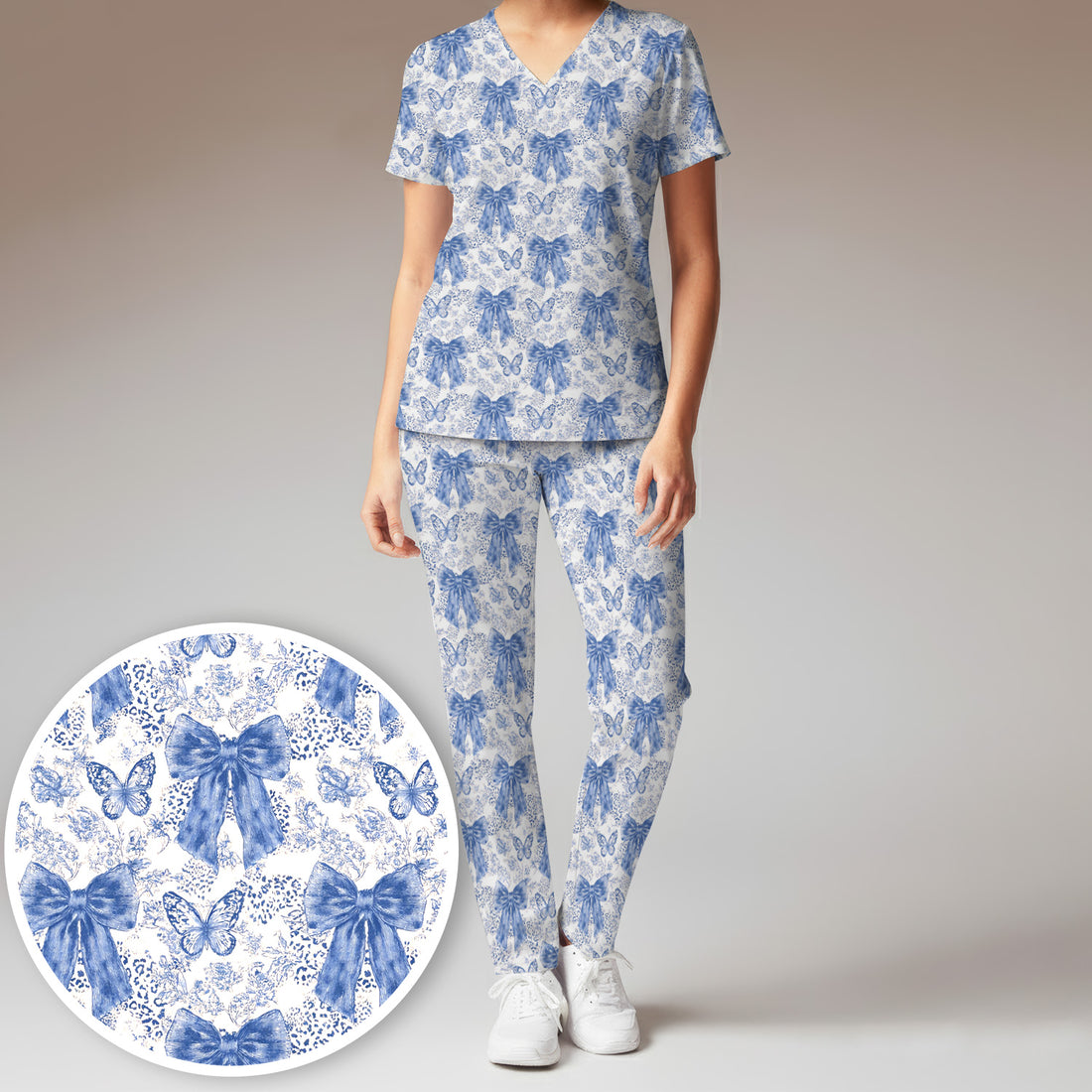 Blue Bow And Butterfly Vintage Floral Scrub Set, Scrub Pants and V Neck Top