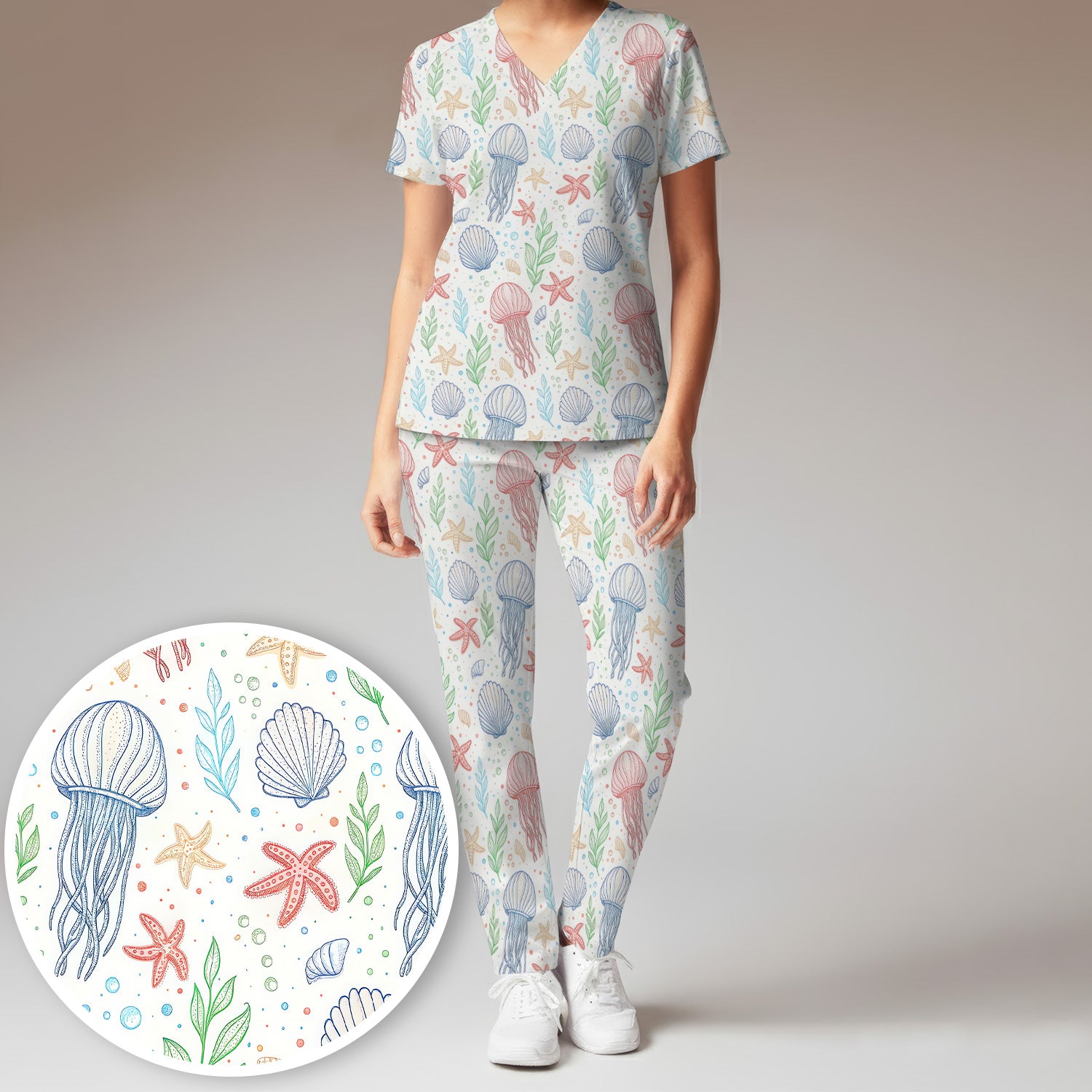 Ocean Jellyfish Starfish Seashell Pattern Scrub Sets, Scrub Pants and V Neck Top