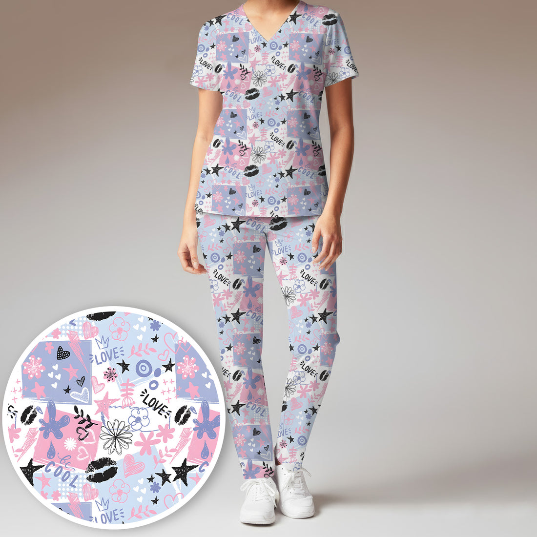 Cute Love Hearts Doodle Print Scrub Set, Scrub Pants and V Neck Top