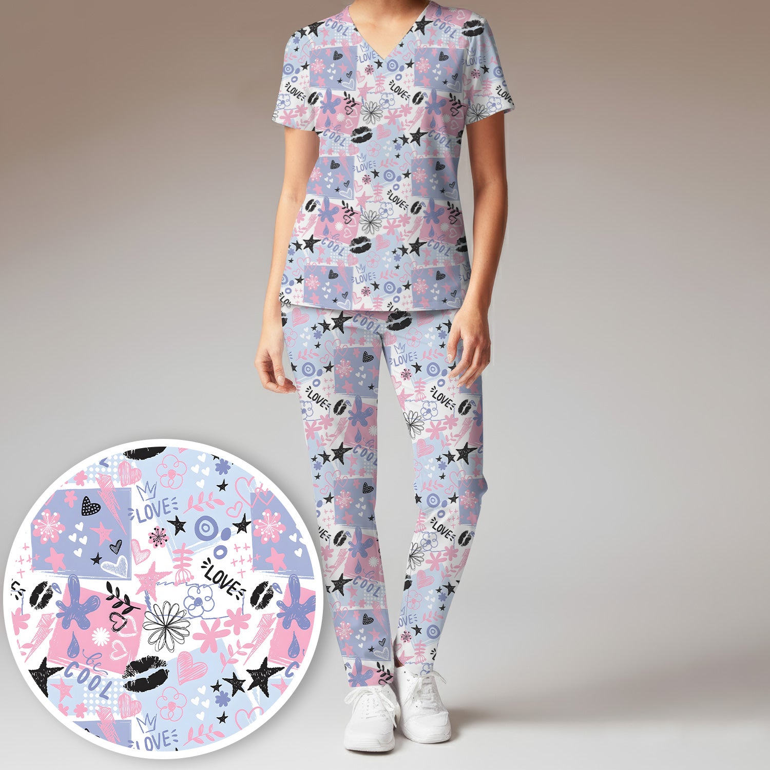 Cute Love Hearts Doodle Print Scrub Set, Scrub Pants and V Neck Top