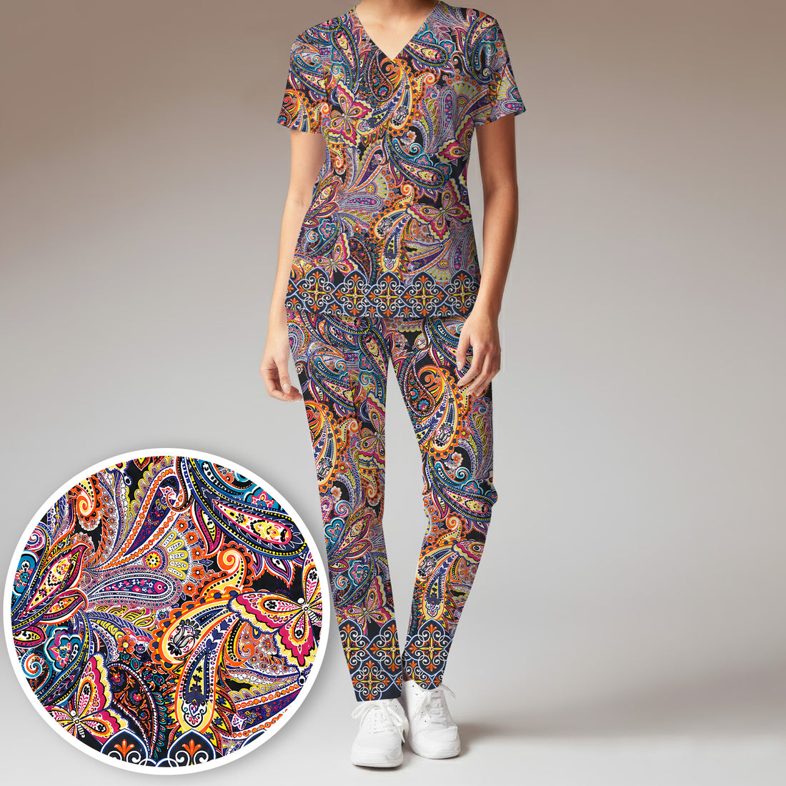 Colorful Bohemian Paisley Floral Pattern Scrub Set, Scrub Pants and V Neck Top