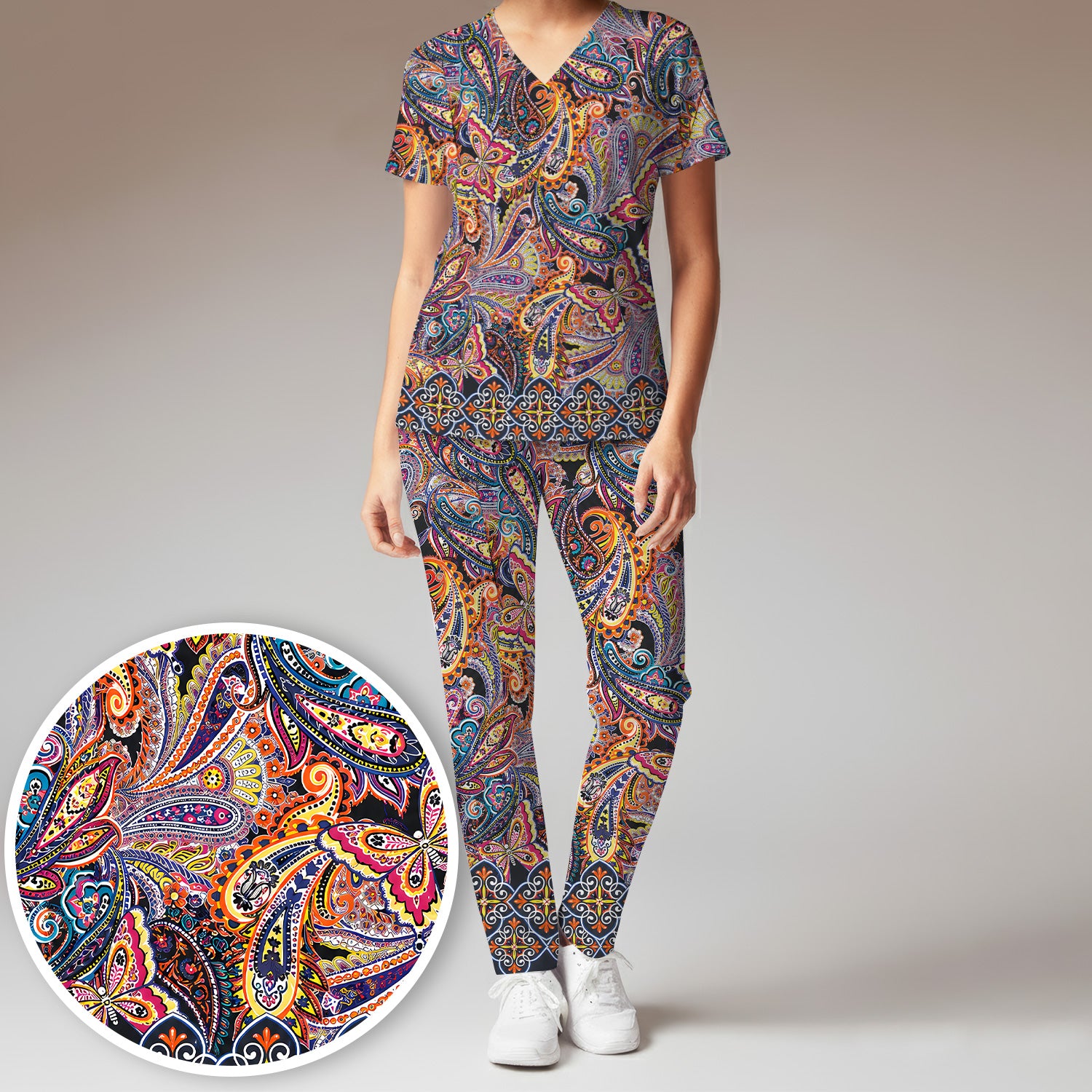 Colorful Bohemian Paisley Floral Pattern Scrub Set, Scrub Pants and V Neck Top