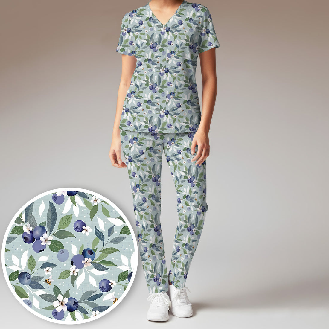 Fresh Blueberry Blossom Garden Pattern Nurse Scrub Set, Scrub Pants and V Neck Top