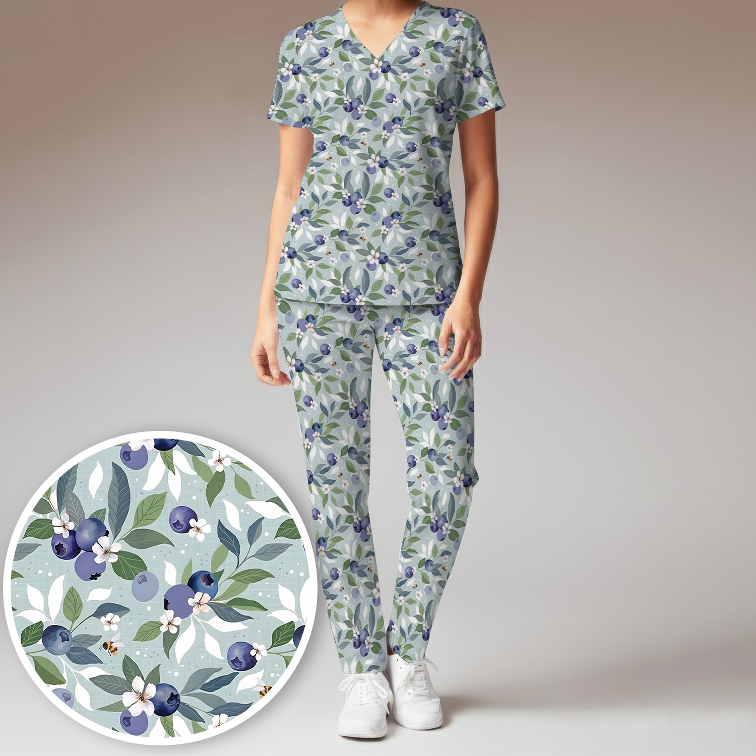 Fresh Blueberry Blossom Garden Pattern Nurse Scrub Set, Scrub Pants and V Neck Top
