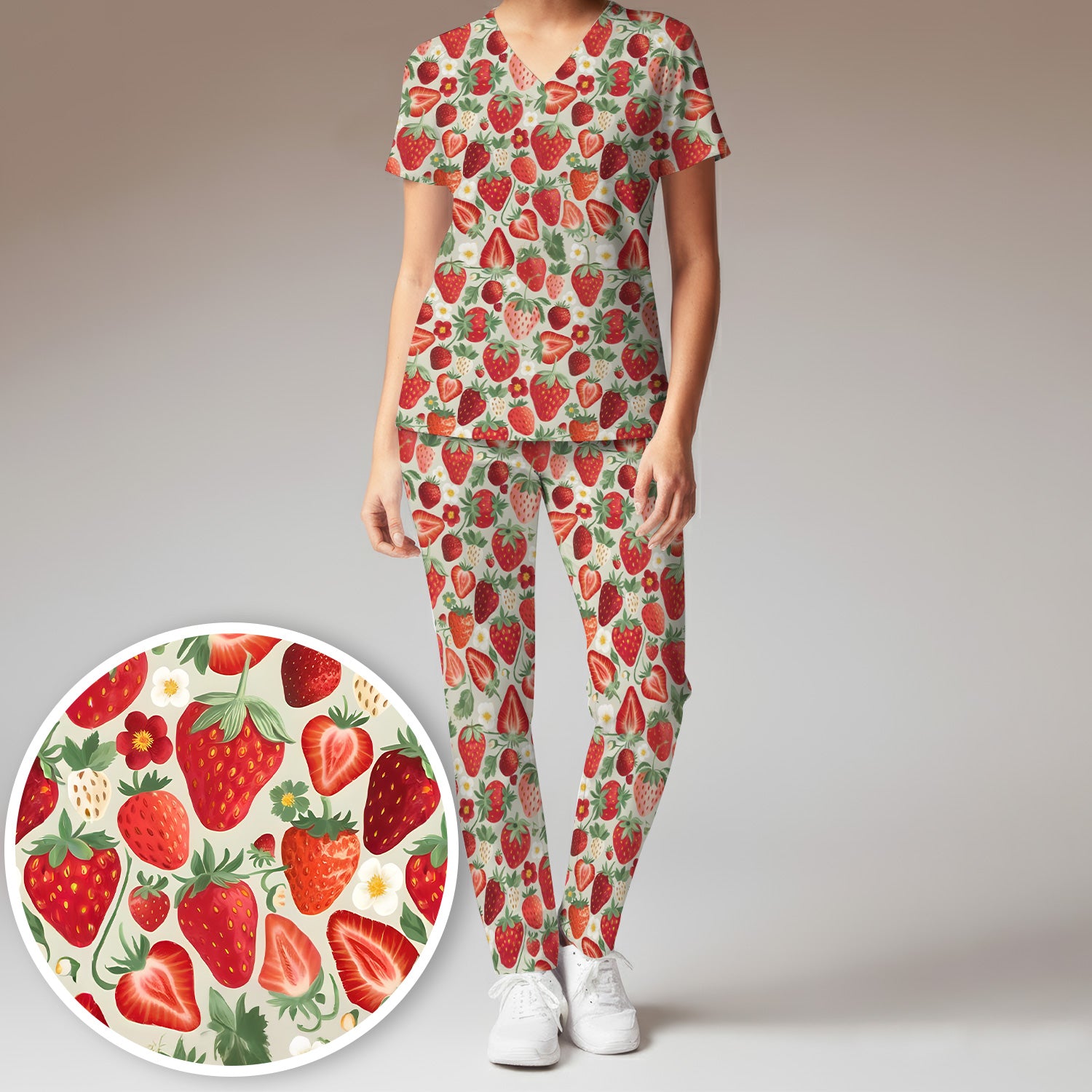 Fresh Strawberry Patter Leaves Scrub Sets, Scrub Pants and V Neck Top