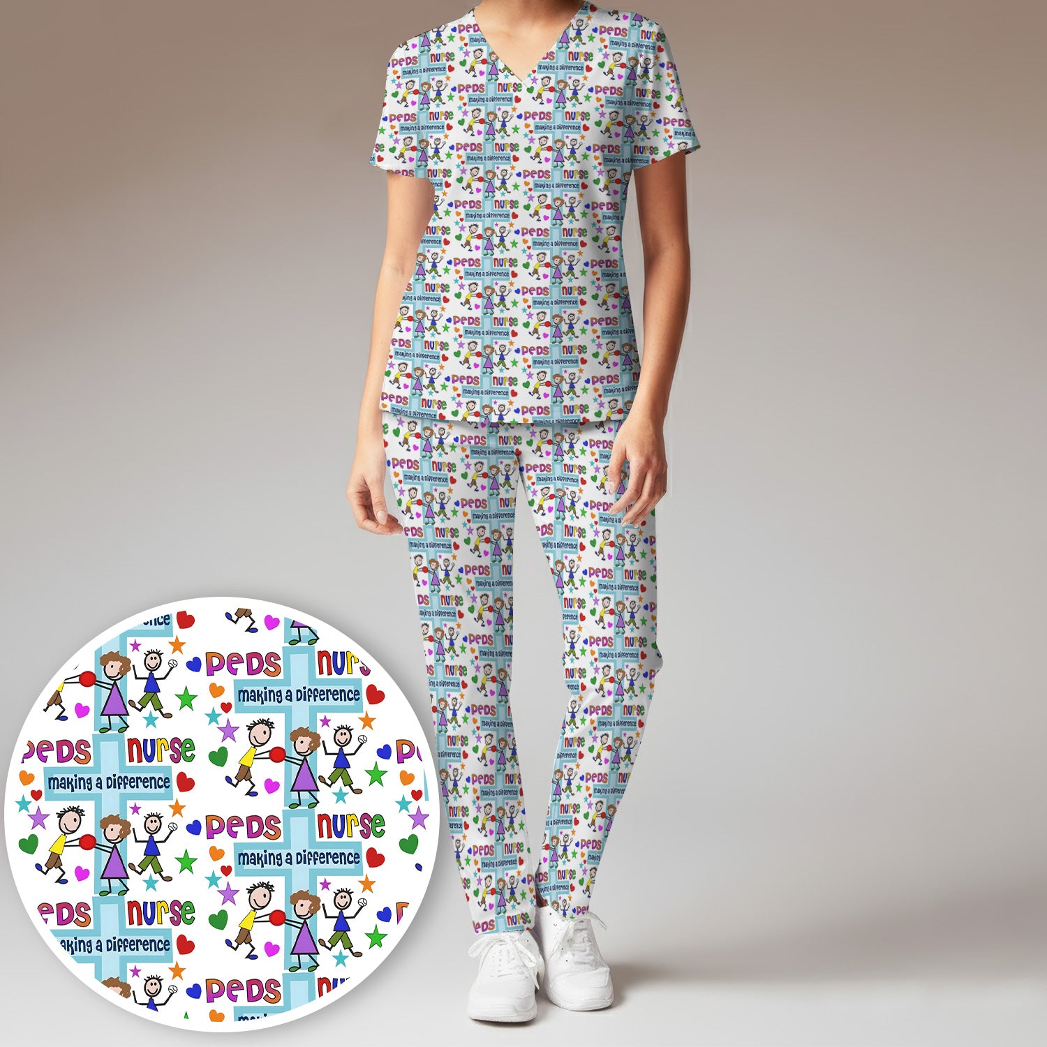 Peds Nurse Making A Difference Pattern Scrub Set, Scrub Pants and V Neck Top