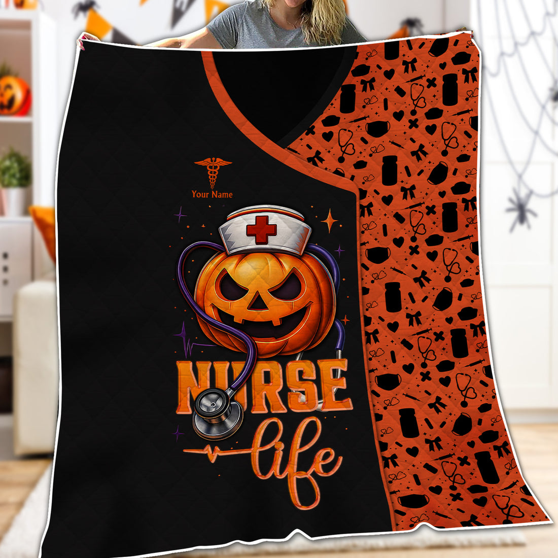 Custom Nurse Halloween Blanket - Personalized Halloween Throw for RN, CNA, LPN - Cozy Gift for Medical Staff, Healthcare Workers