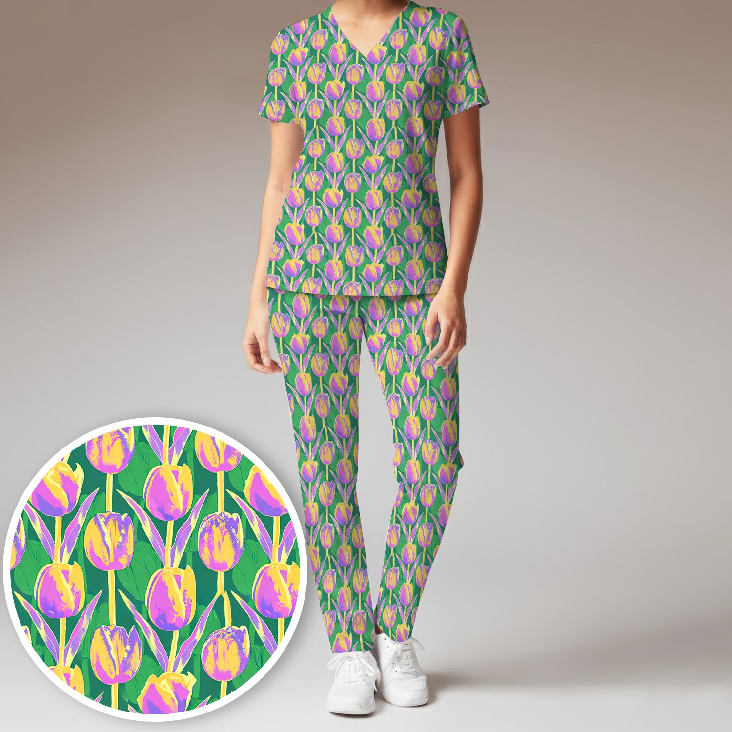 Colorful Tulip Floral Pattern Scrub Set, Scrub Pants and V Neck Top