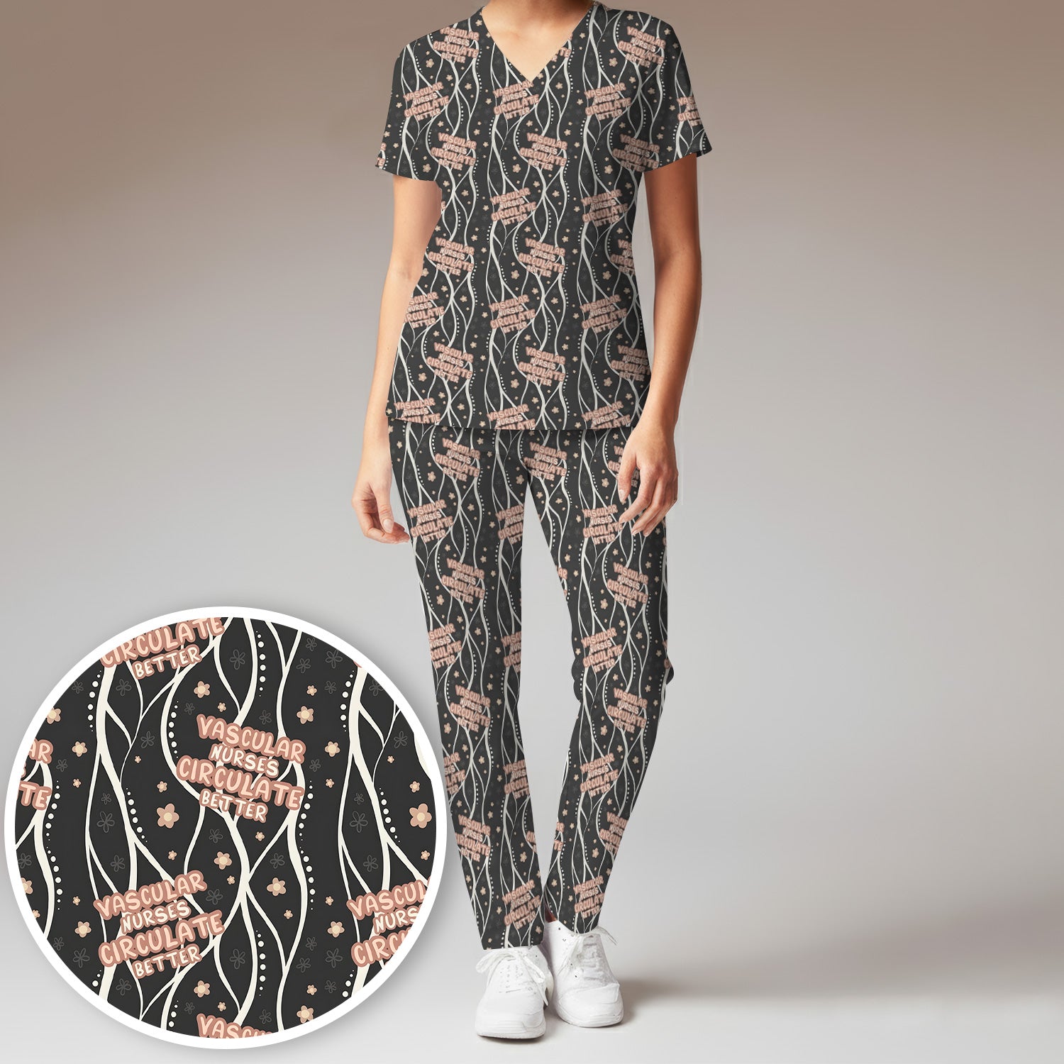 Inspirational Vascular Nurse Circulation Awareness Pattern Scrub Set, Scrub Pants and V Neck Top