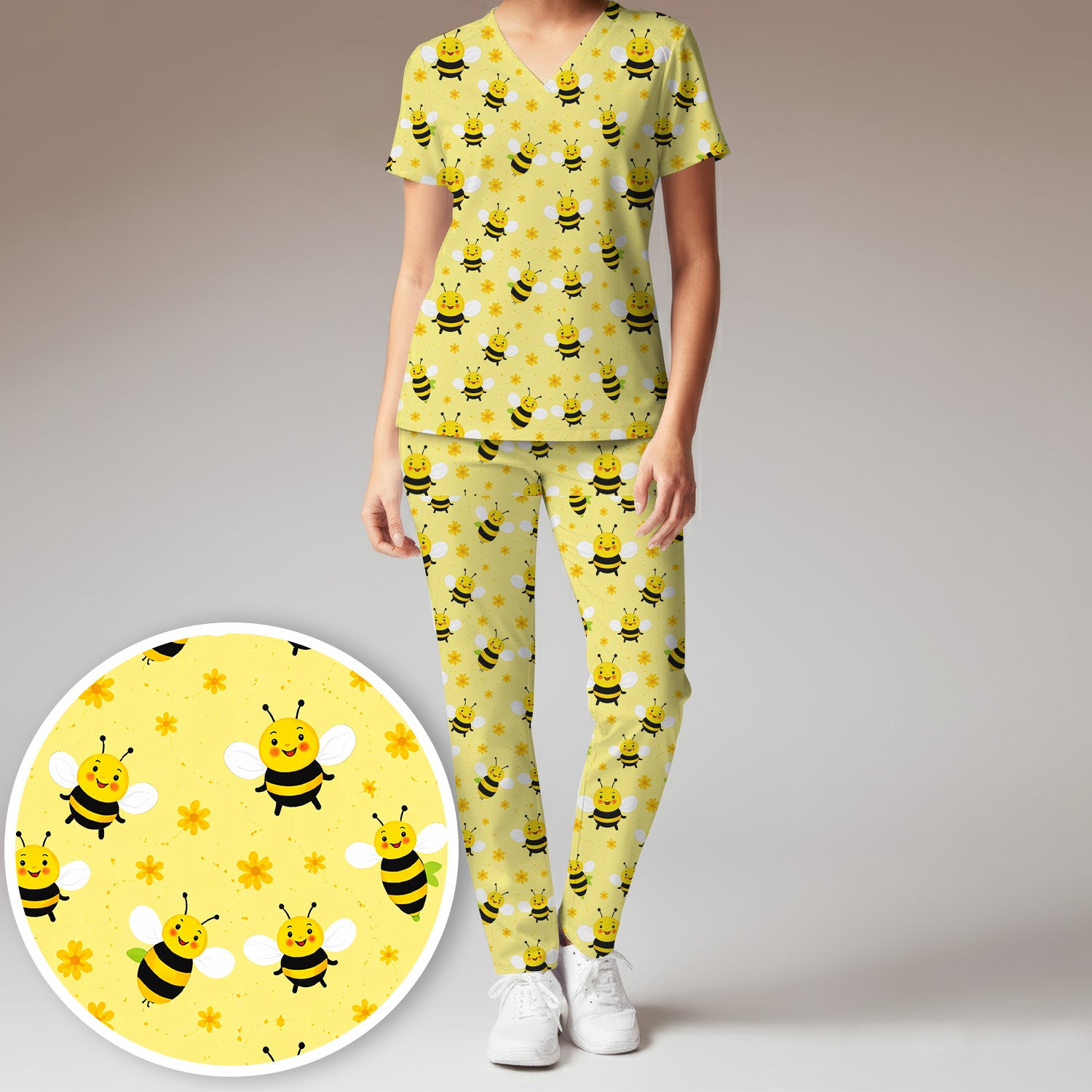 Cute Smiling Bee Yellow Floral Print Sets, Breathable Med Uniform