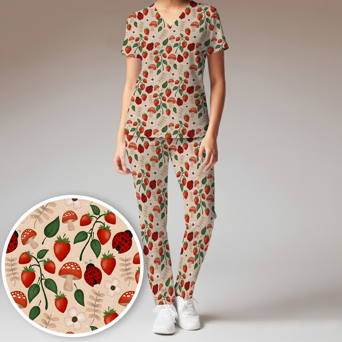 Strawberry Ladybug Mushroom Floral Scrub Set, Scrub Pants and V Neck Top