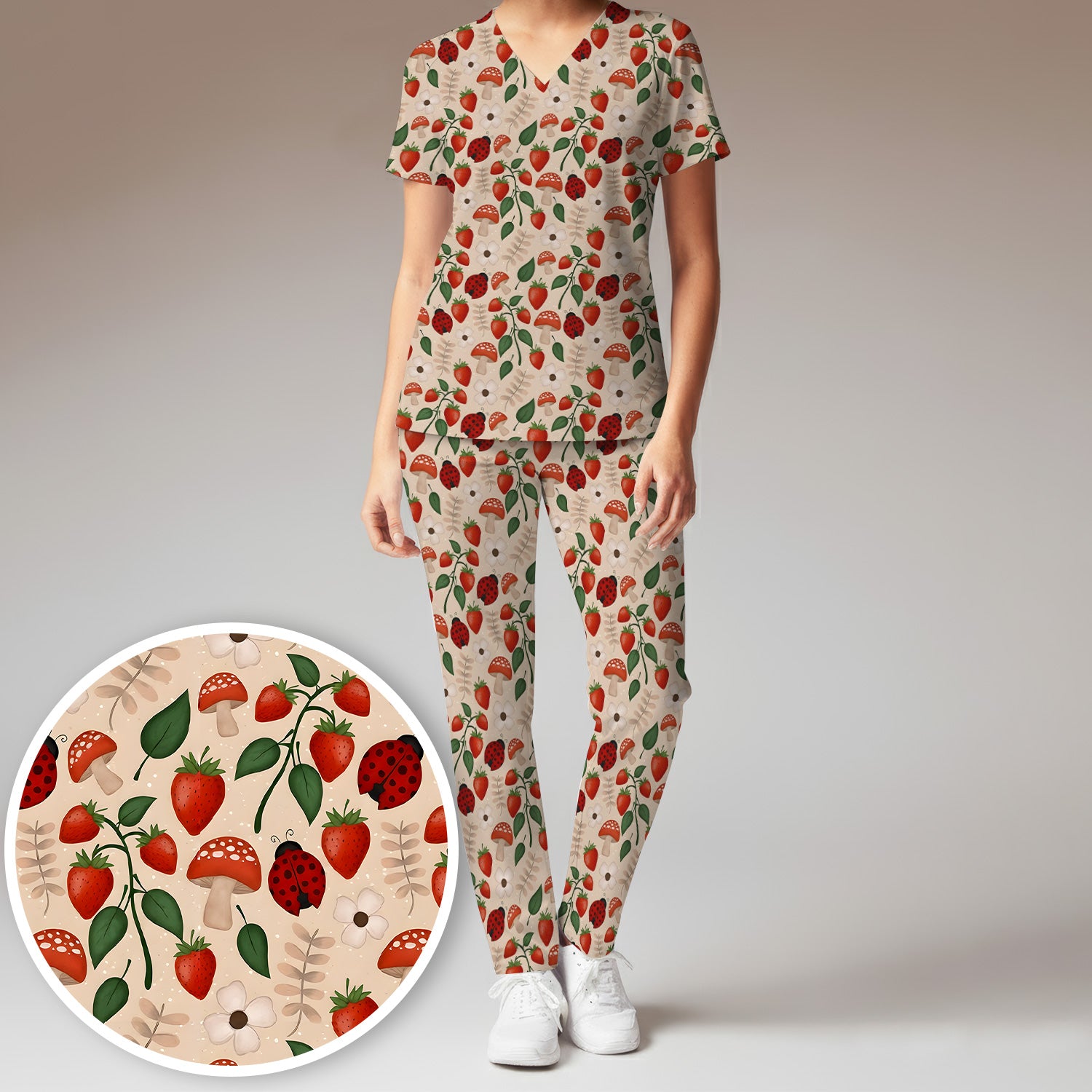 Strawberry Ladybug Mushroom Floral Scrub Set, Scrub Pants and V Neck Top
