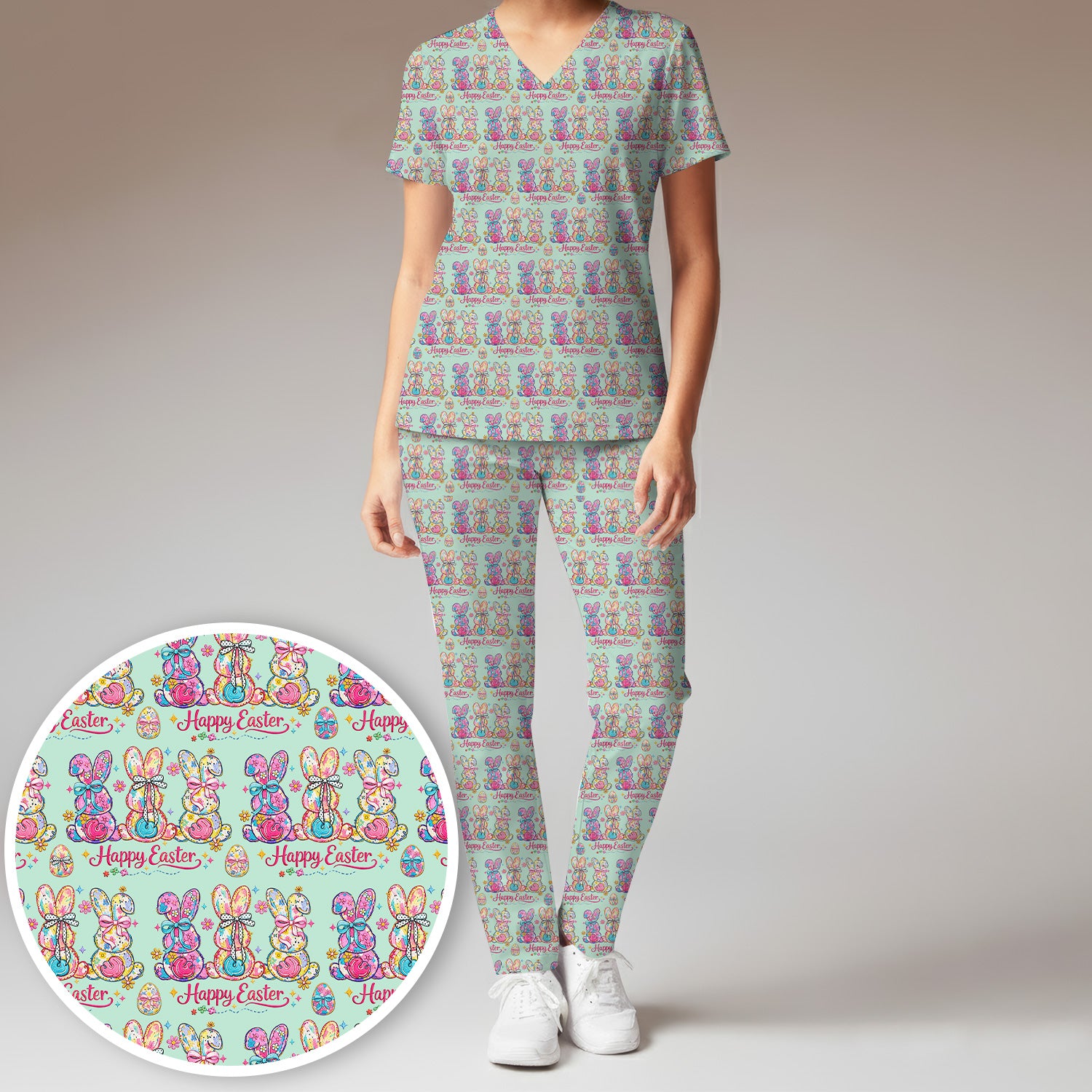 Pink Happy Easter Bunny Pattern Scrub Set, Scrub Pants and V Neck Top