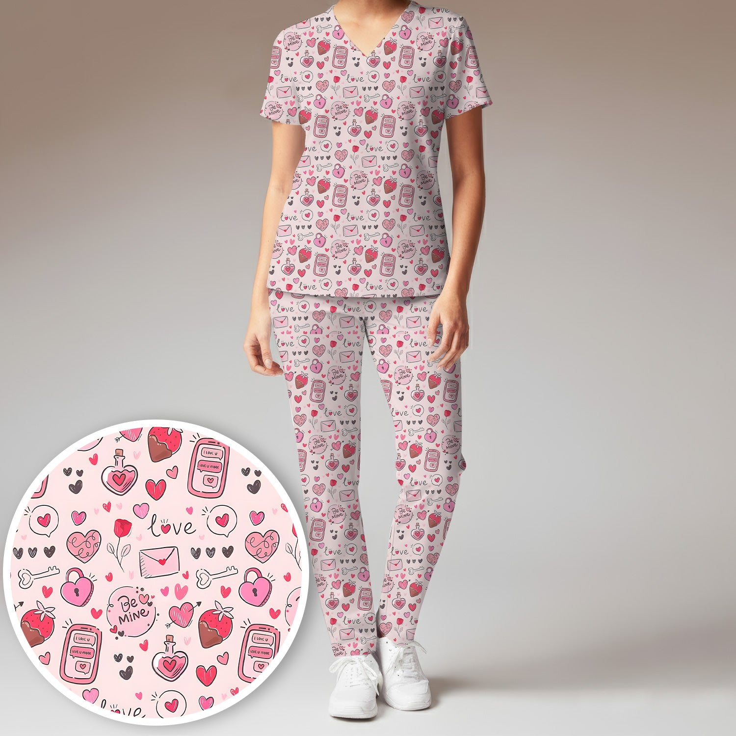 Be Mine Heart Pattern Pattern Scrub Set, Pink Valentine Pattern Nursing Uniform For Women