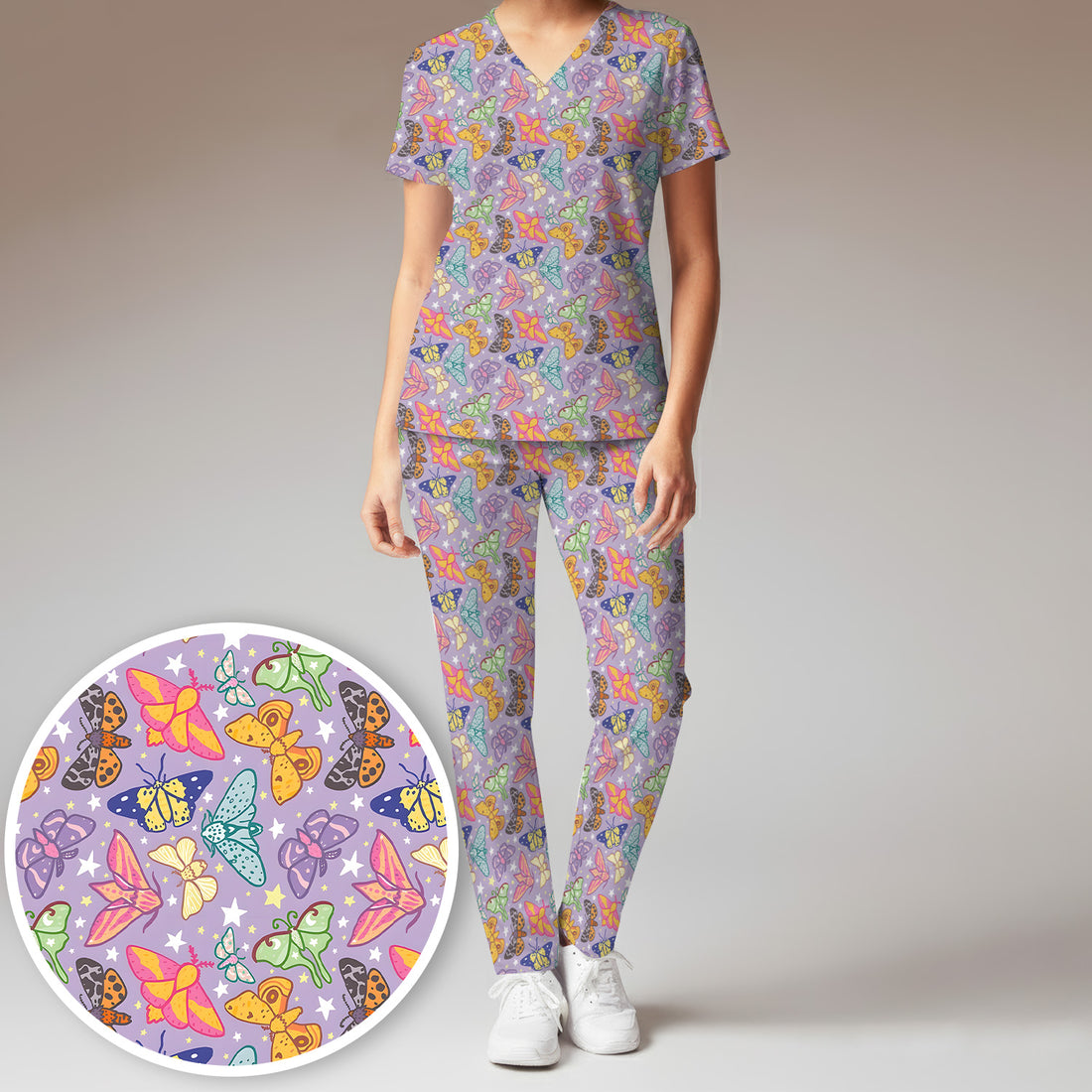 Colorful Butterfly Moth Pattern Scrub Set, Scrub Pants and V Neck Top