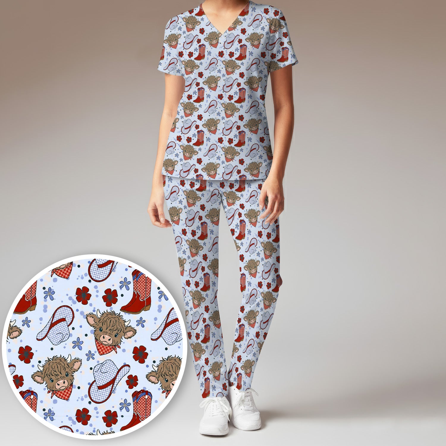 Cute Highland Cow Cowboy Boots Pattern Scrub Set, Scrub Pants and V Neck Top