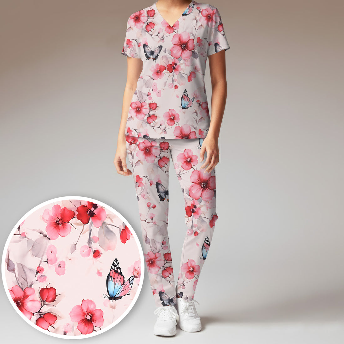 Pink Butterfly Blossom Pattern Scrub Set, Scrub Pants and V Neck Top