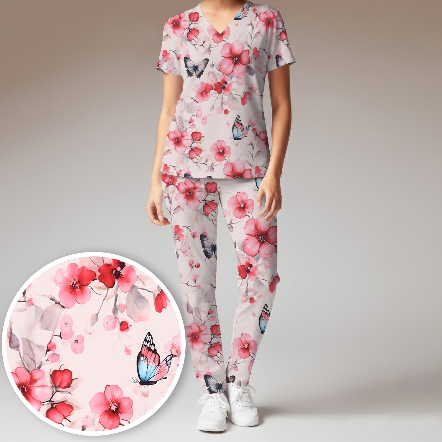 Pink Butterfly Blossom Pattern Scrub Set, Scrub Pants and V Neck Top