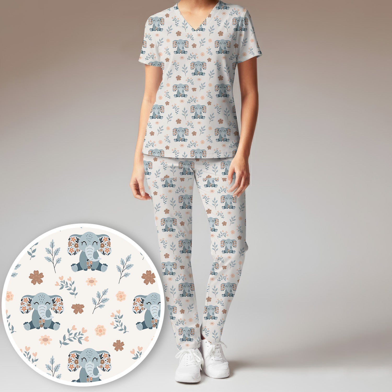 Cute Elephant Floral Print Scrub Set, Scrub Pants and V Neck Top