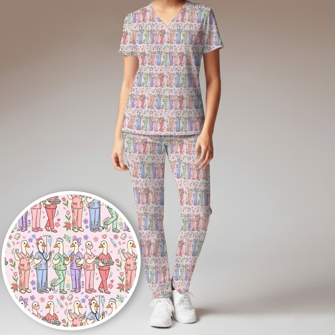 Goose Characters Floral Medical Team Uniform Pattern Scrub Set, Breathable Med Uniform