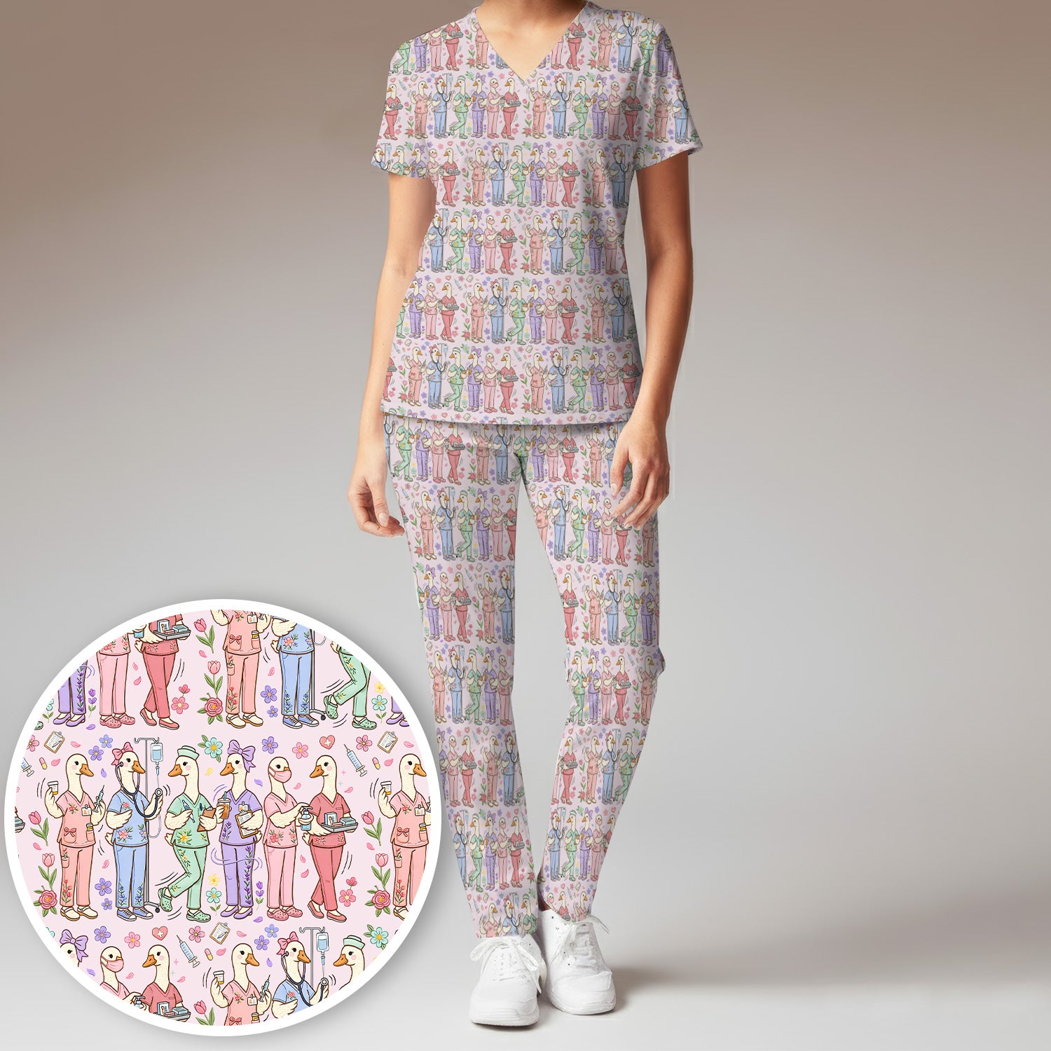 Goose Characters Floral Medical Team Uniform Pattern Scrub Set, Breathable Med Uniform