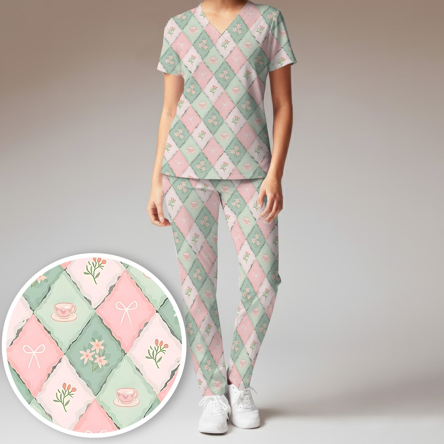 Flowers Tea Cups Pattern Scrubs Sets, Scrub Pants and V Neck Top