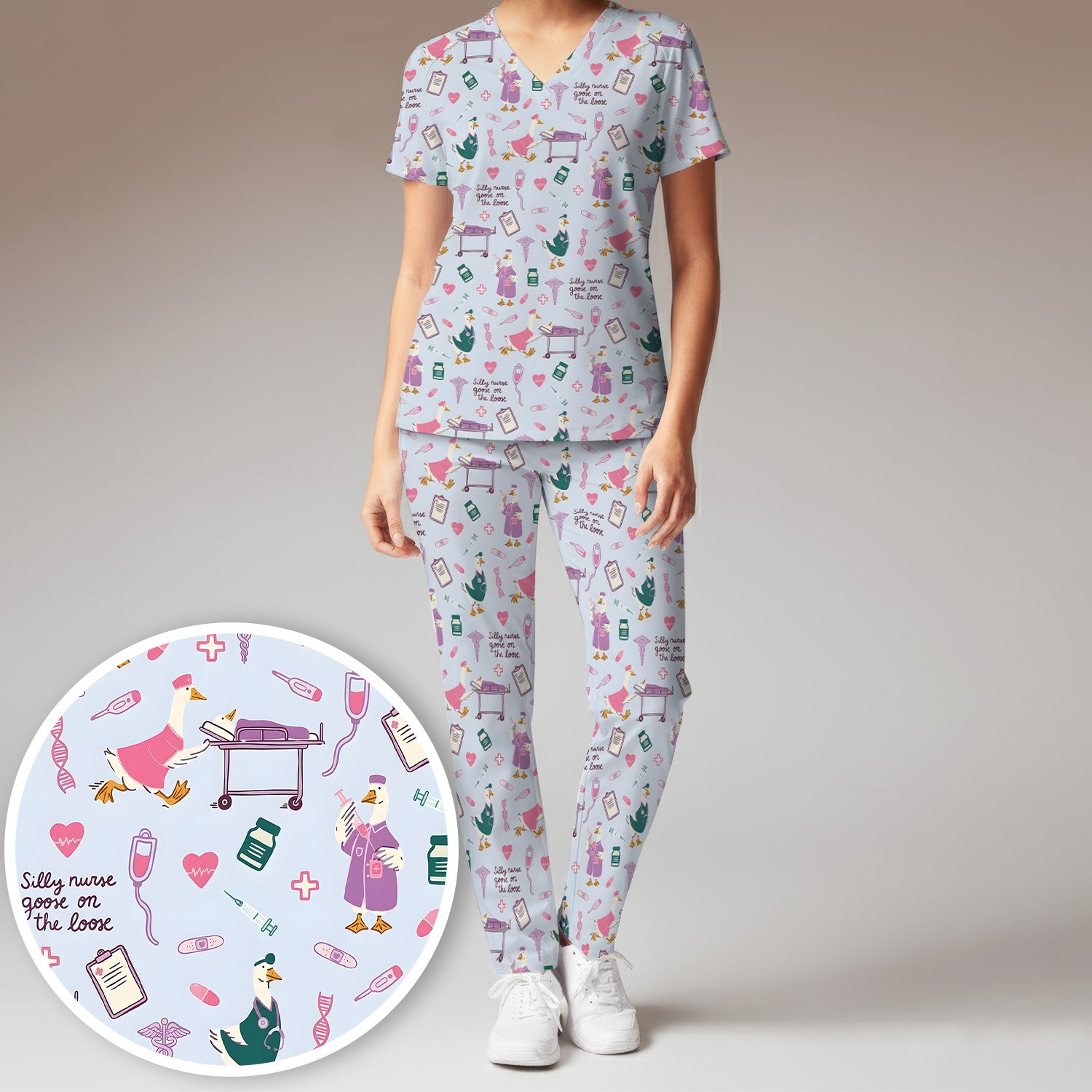 Goose Medical Humor Tools Pattern Scrub Set, Scrub Pants and V Neck Top