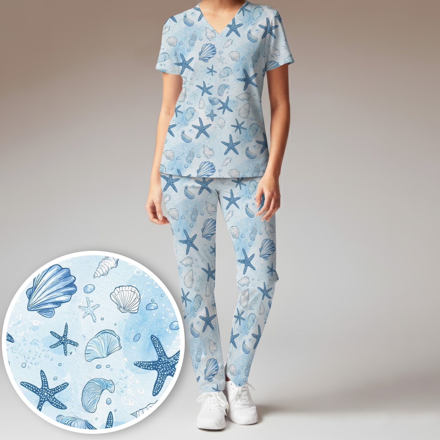 Blue Sea Shells Starfish Pattern Scrub Sets, Scrub Pants and V Neck Top