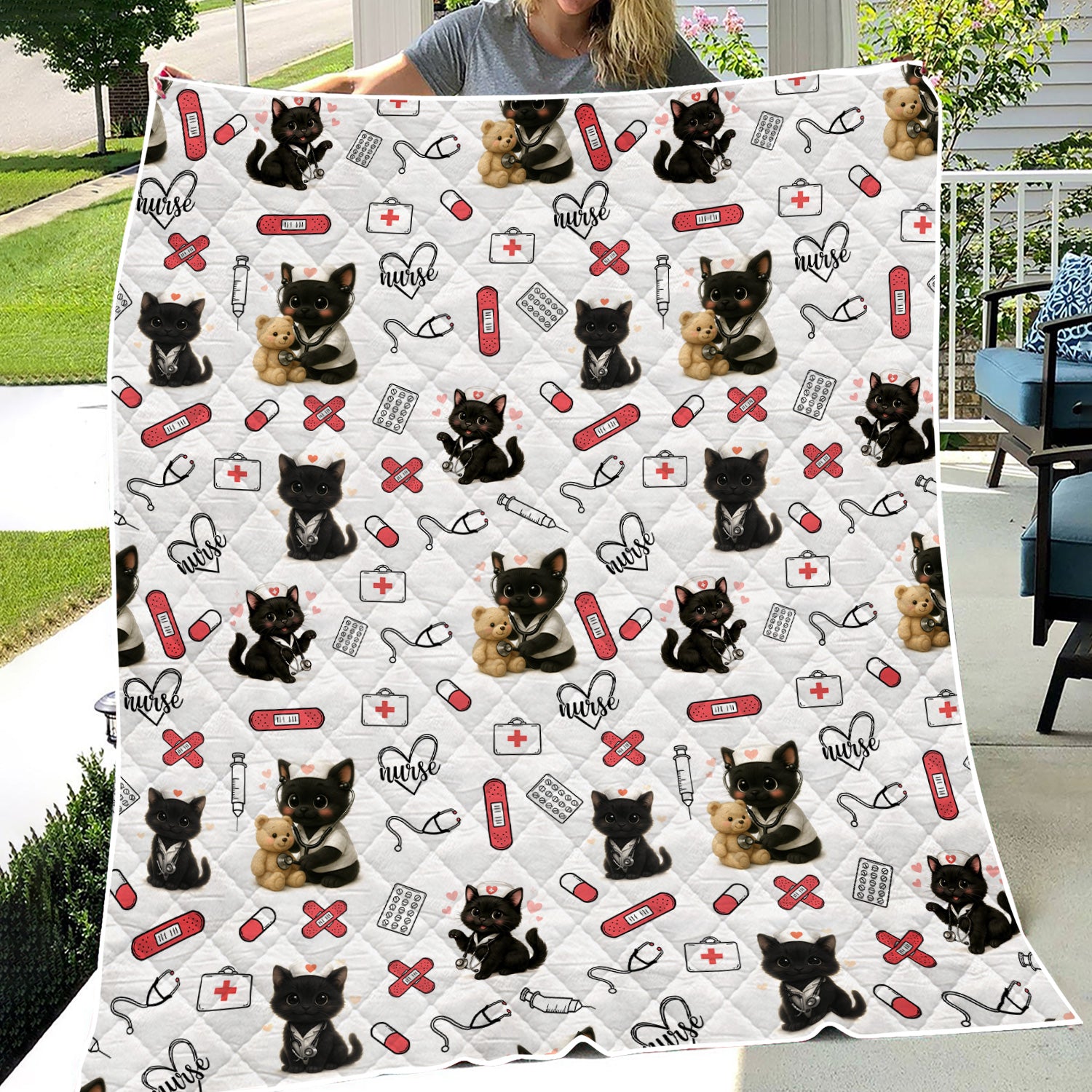 Cute Nurse Blanket with Black Cat Pattern - Funny RN CNA LPN Throw - Gift for Cat Lover Healthcare