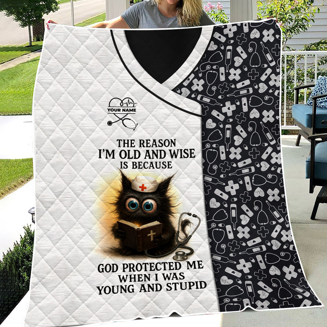 Custom Name Funny Nurse Blanket for RN LPN CNA - Wise Black Cat Cartoon with Bible and Stethoscope - Healthcare Gift for Medical Workers
