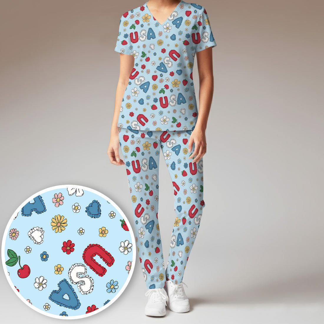 USA Cherry Strawberry Floral Patch Pattern Scrub Set, Scrub Pants and V Neck Top