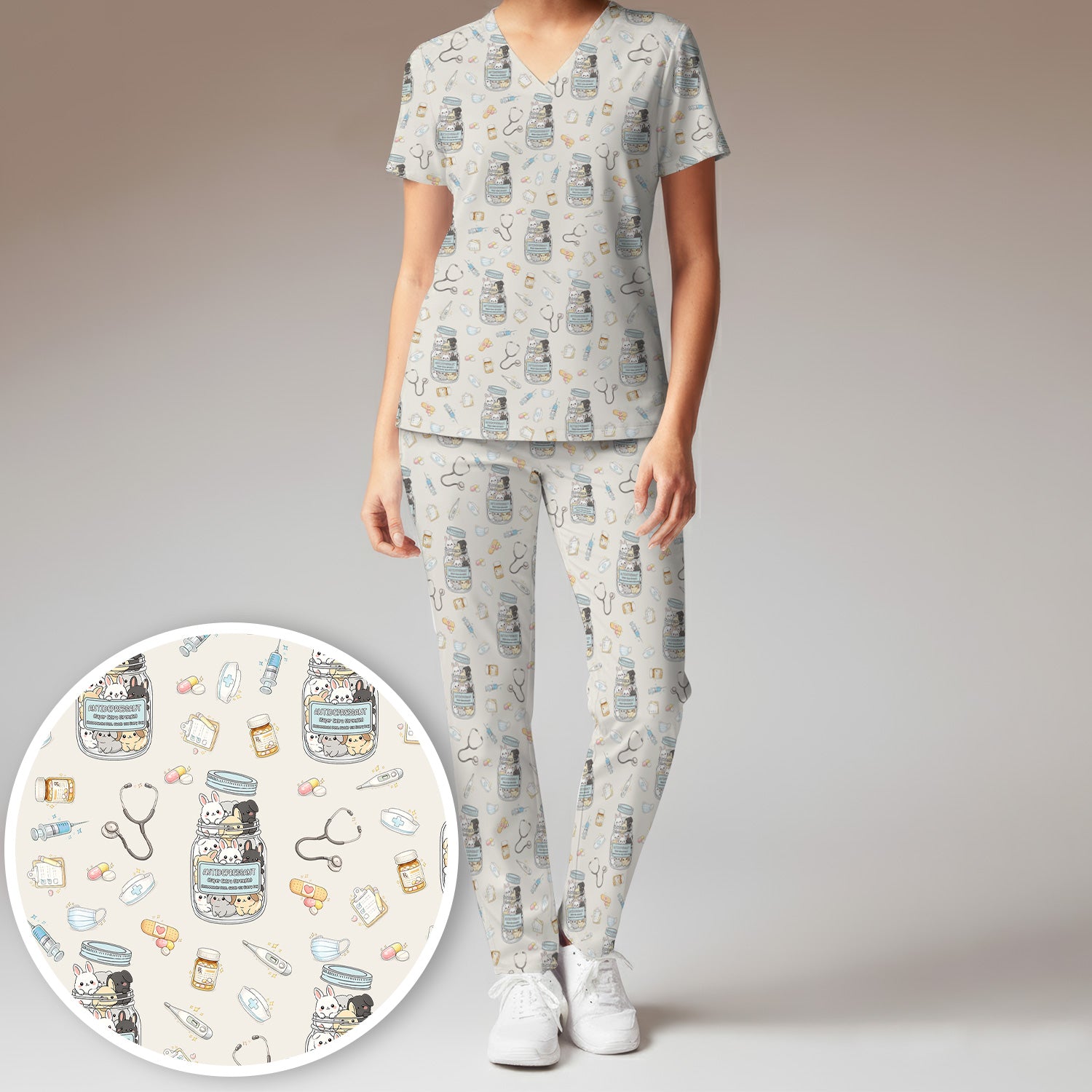 Whimsical Antidepressant Rabbit Jar Design Scrub Set, Scrub Pants and V-Neck Top