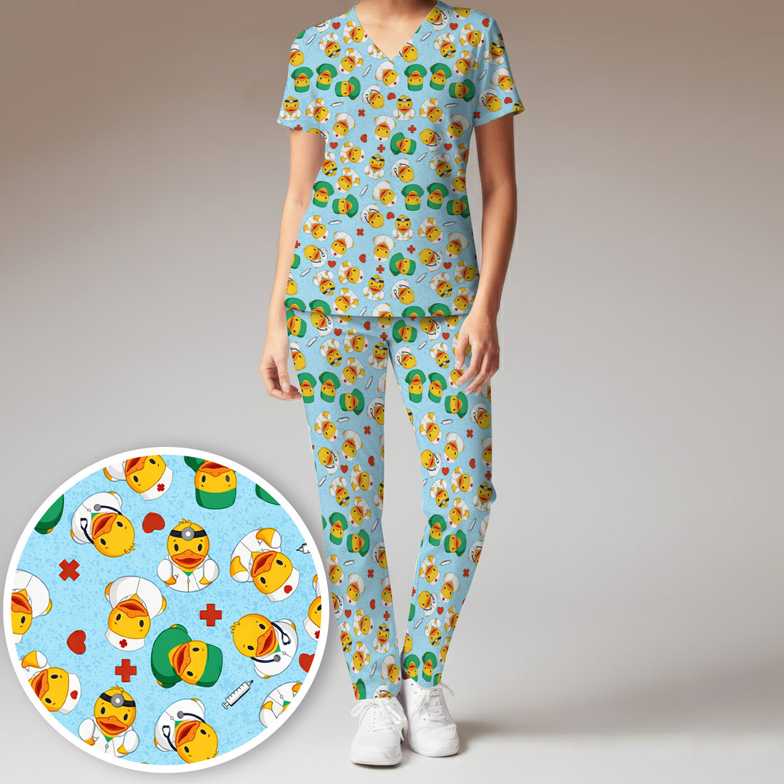 Duck Doctor Cartoon Pattern Scrub Set, Scrub Pants and V Neck Top