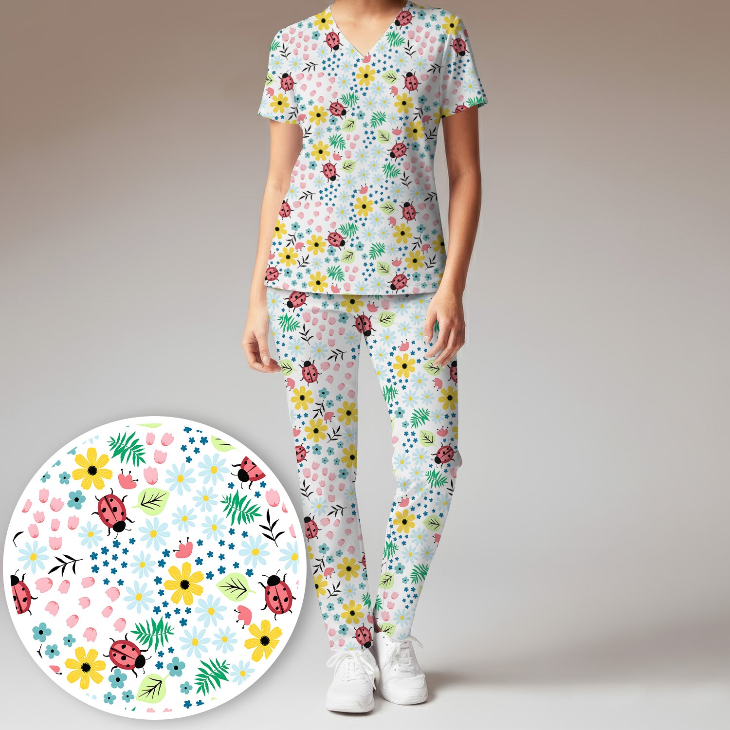Cute Ladybug Floral Garden Print Scrub Set, Scrub Pants and V Neck Top