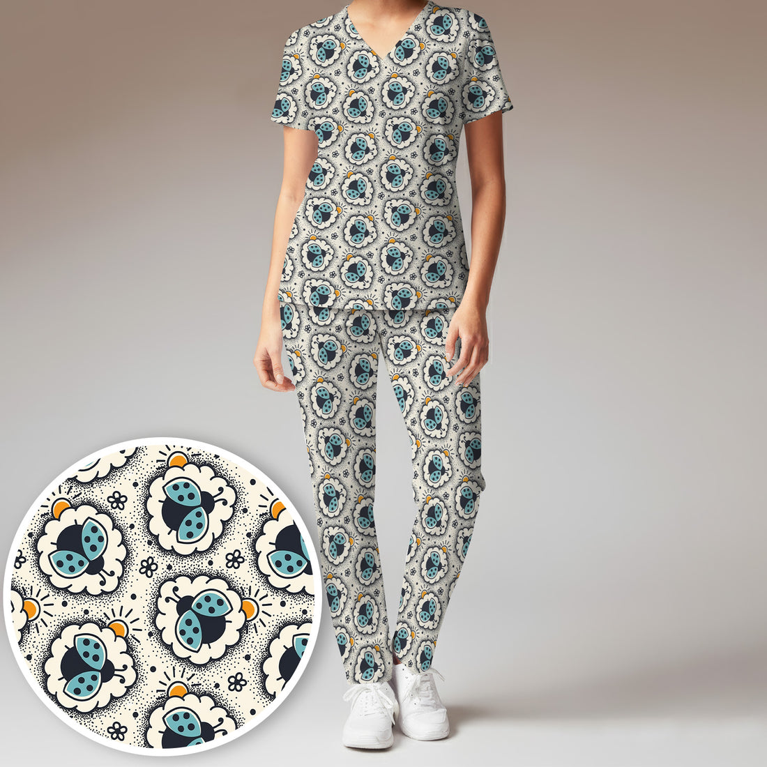 Cute Ladybug in Floral Frame Pattern Scrub Set, Breathable Med Uniform