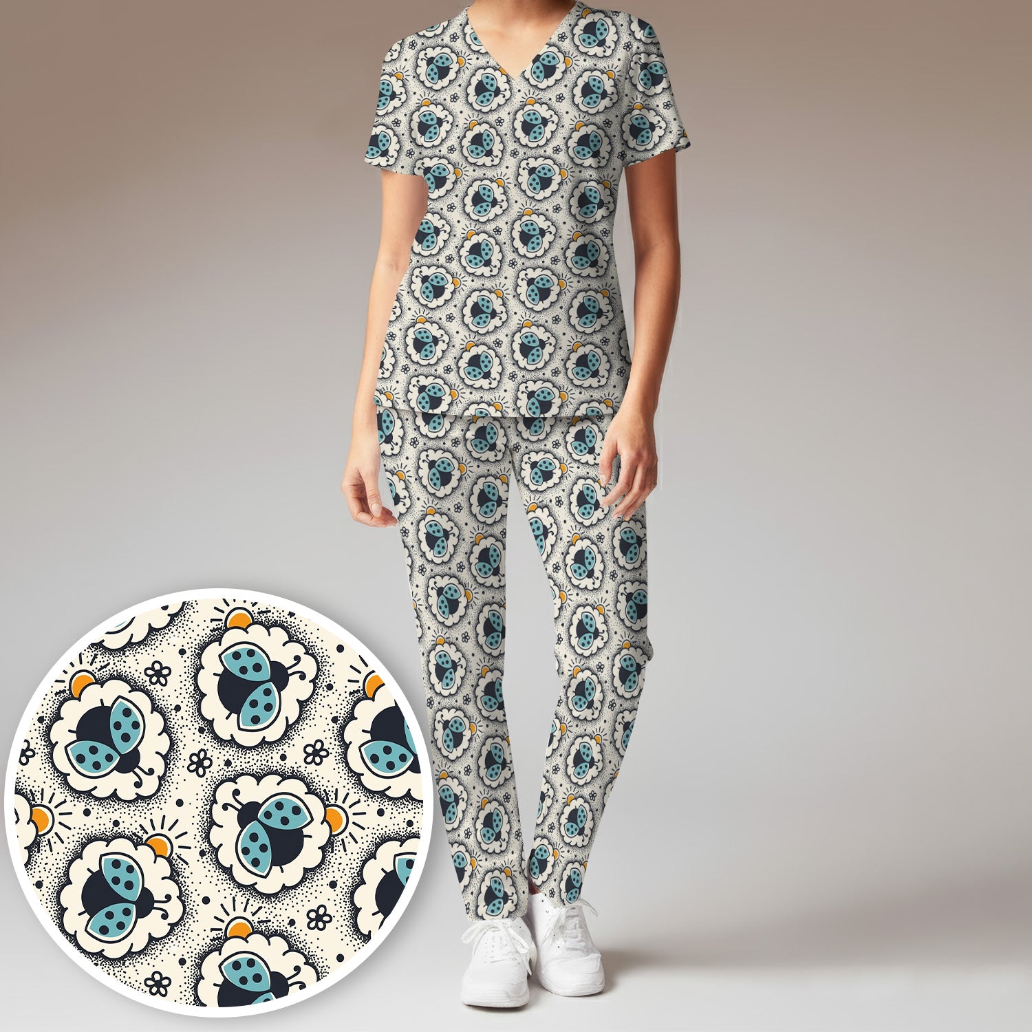Cute Ladybug in Floral Frame Pattern Scrub Set, Breathable Med Uniform
