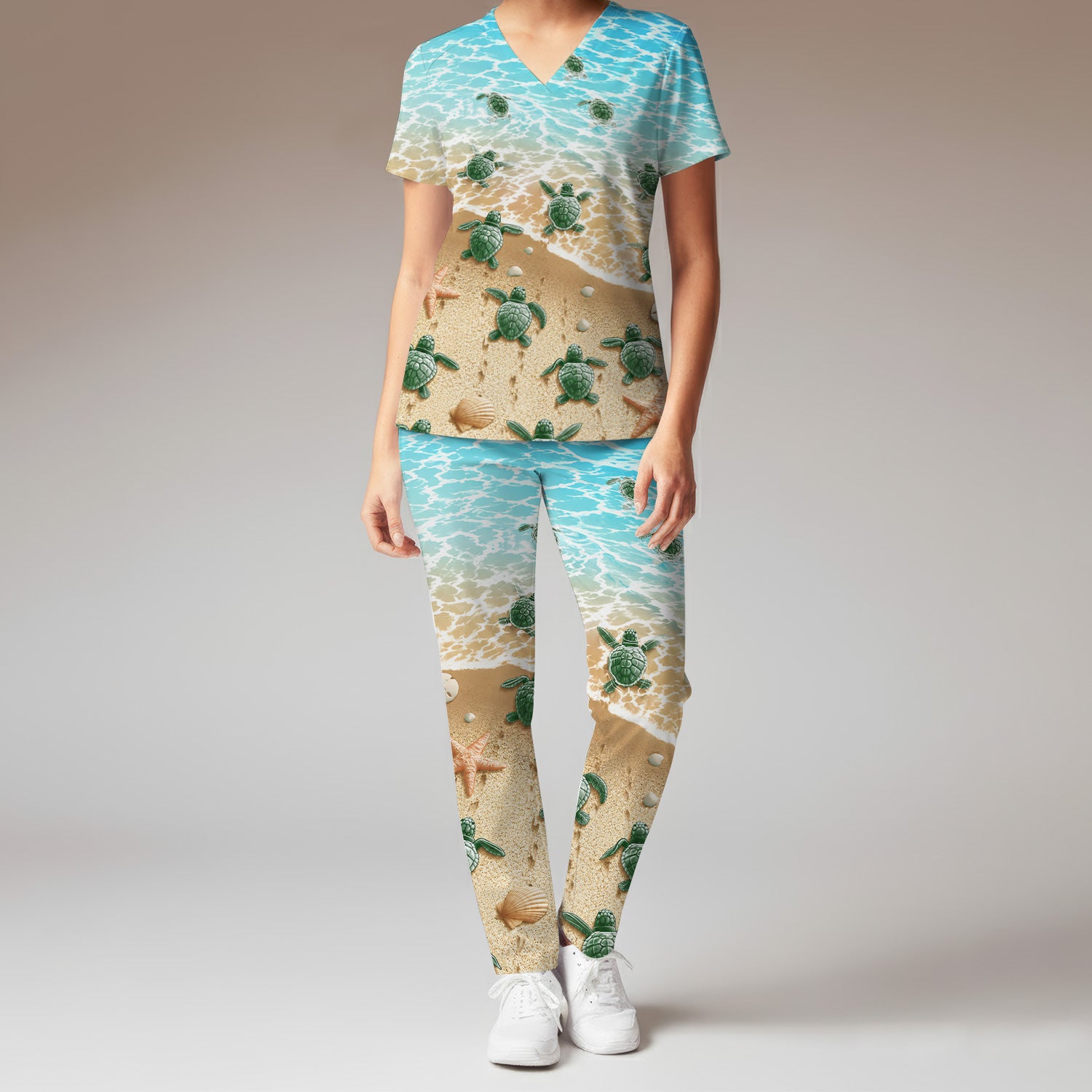 Coastal Sea Turtle Beach Pattern Scrub Set, Scrub Pants and V Neck Top