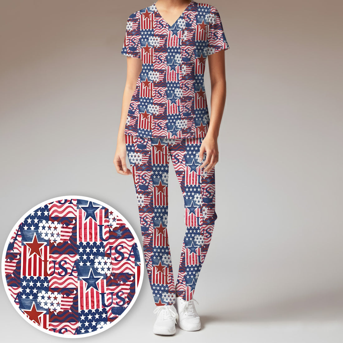 Patriotic USA Star Patchwork Pattern Scrub Set, Scrub Pants and V Neck Top