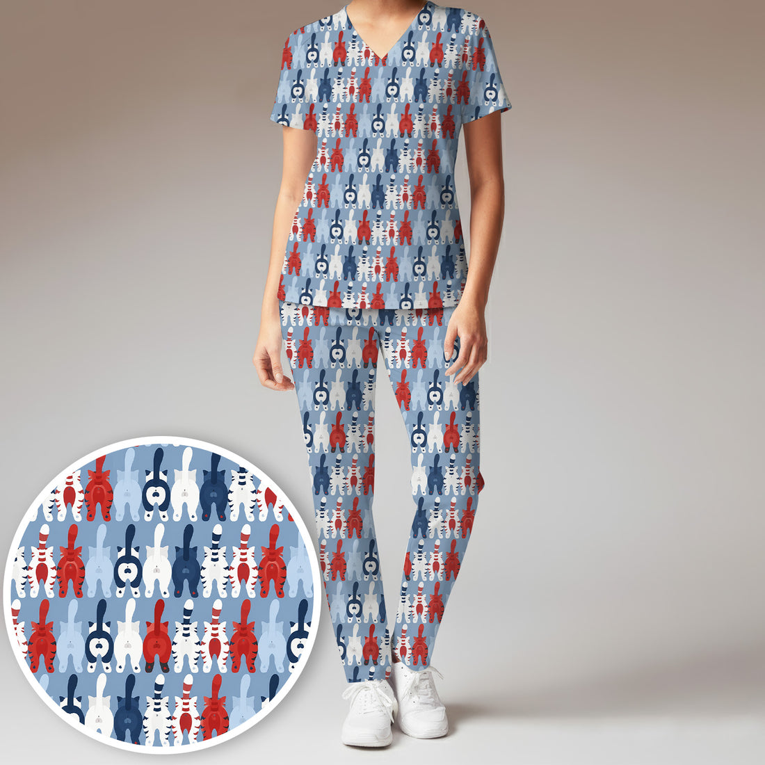 Colorful Patriotic Cat Tail Pattern Scrub Set, Scrub Pants and V Neck Top