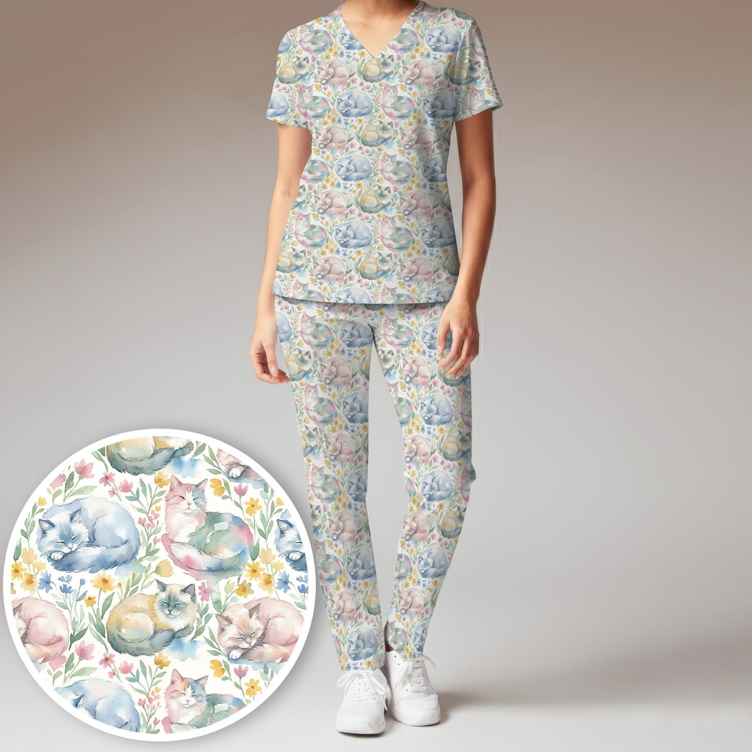 Dreamy Sleeping Cat Floral Pattern Scrub Set, Scrub Pants and V Neck Top