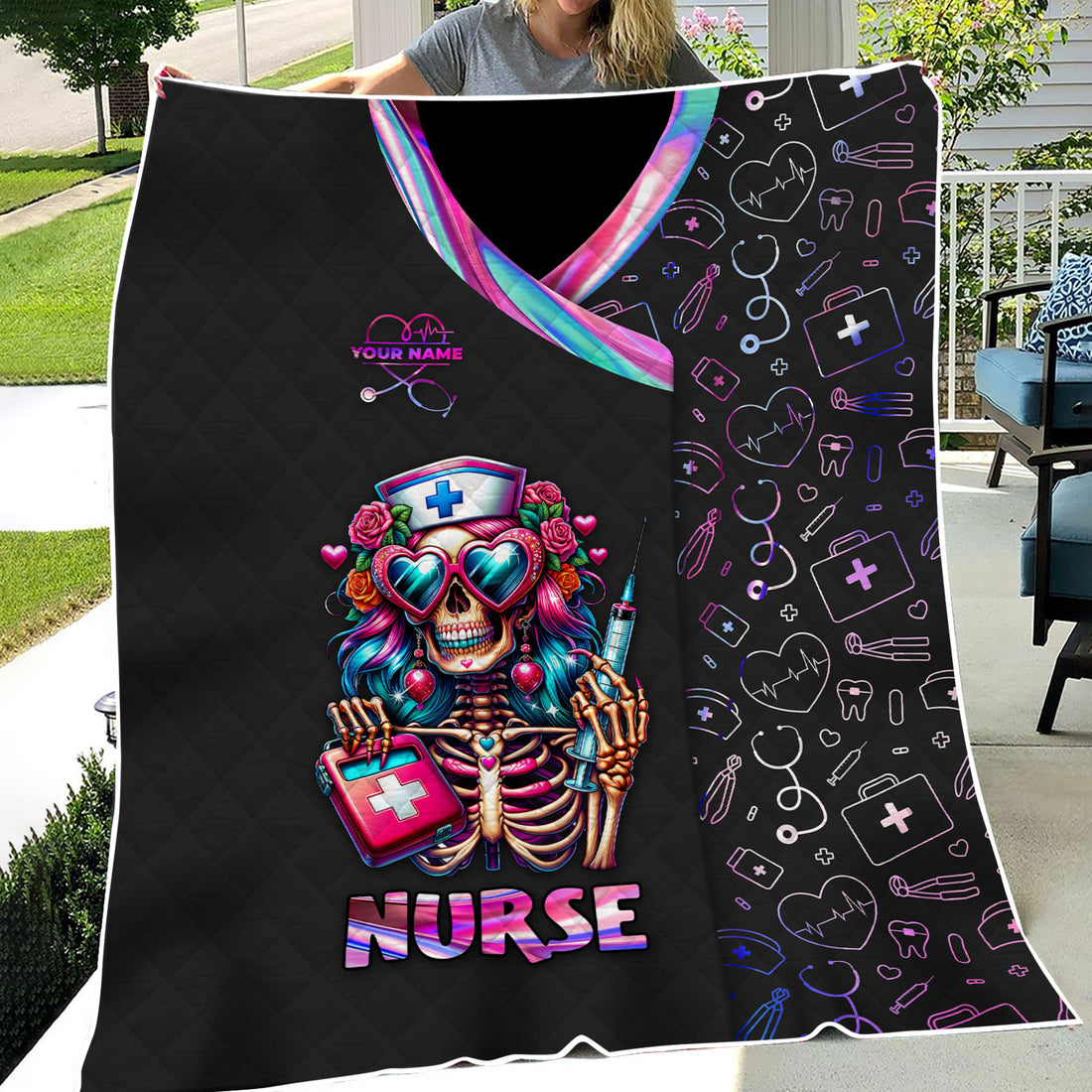Personalized Gothic Nurse Blanket - Colorful Skeleton Holding Syringe & Med Bag - Gift for Healthcare Heroes, Halloween Fans